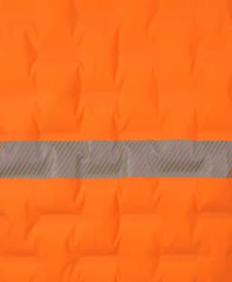 An orange puffer vest featuring a grey striped band across the centre, with a logo.