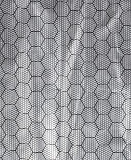 A close-up view of a hexagonal patterned fabric, featuring a black grid design over a light background.