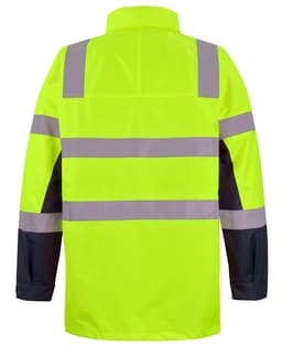 A high-visibility jacket in bright yellow with reflective stripes and black sleeves. Features a branded logo.