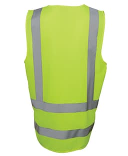A bright lime work vest with reflective grey stripes and a simple design, featuring a logo on the back.