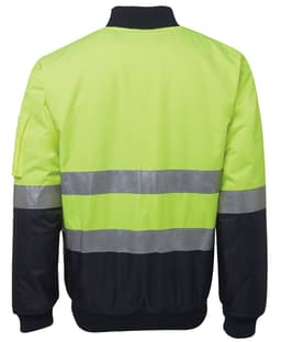 A high-visibility jacket in bright yellow with black sleeves and reflective stripes. It features a logo on the sleeve.