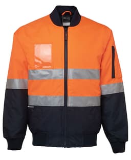 An orange and navy work jacket featuring reflective stripes and a zipper, with a pocket on the front.