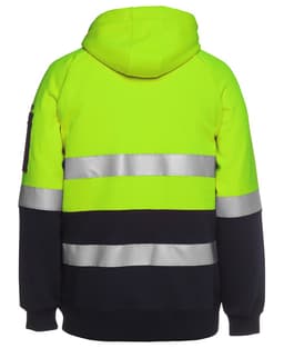 A bright yellow and navy fleece hoodie with reflective stripes and a hood, featuring a logo on the sleeve.