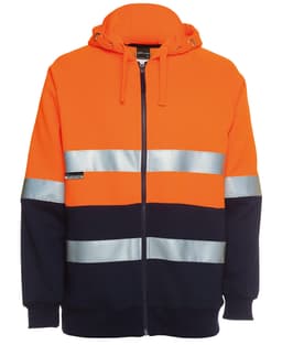 An orange and navy full zip fleece hoodie featuring reflective stripes and a logo on the side.