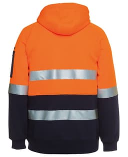 A bright orange and navy full zip hoodie featuring reflective stripes and a hood, with a logo on the sleeve.