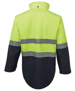 A high-visibility jacket in bright yellow and navy, featuring reflective strips and an overall workwear design.