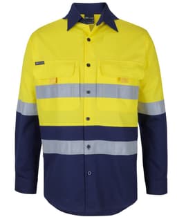A long-sleeve fishing shirt in high-visibility yellow and navy, featuring reflective stripes and a logo.