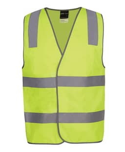 A lime safety vest with grey reflective stripes and a logo, designed for safety wear.