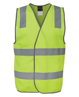 A high-visibility safety vest in bright yellow with reflective grey stripes and a logo.