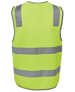A high-visibility safety vest in bright yellow with reflective grey stripes and a logo.