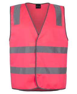 A fluorescent pink safety vest with reflective grey stripes and a front opening. Features a logo.