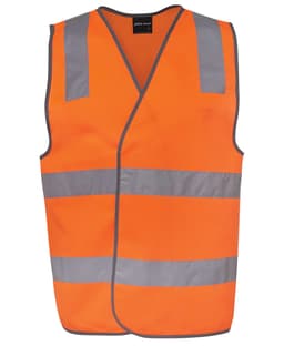 An orange safety vest with reflective silver stripes and a logo. Designed for visibility and safety.