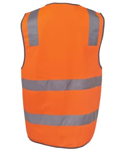 An orange safety vest with reflective stripes and a logo, suitable for high visibility.