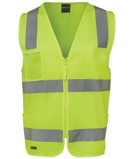 A high-visibility yellow zip safety vest with grey reflective stripes and pockets, featuring a logo.