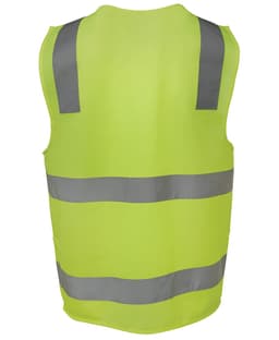 A high-visibility yellow safety vest with grey reflective strips and a logo on the back.