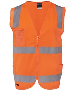 An orange safety vest with reflective silver stripes and a front pocket, featuring a zip closure and no sleeves.