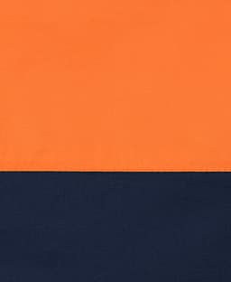 A long-sleeve shirt featuring bright orange and navy blue fabric, designed for safety wear with a logo present.