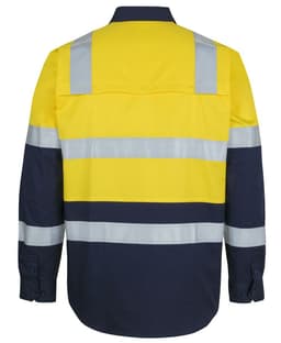 A long-sleeve safety shirt in yellow and navy blue with reflective strips and a logo.