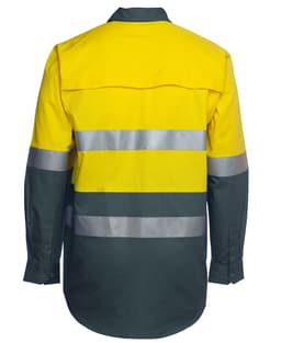 A yellow and dark green long-sleeve work shirt with reflective stripes and a logo.