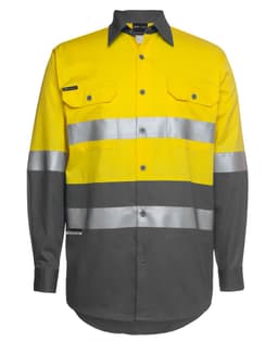 A long-sleeve work shirt in bright yellow and grey, featuring reflective stripes and a logo on the chest.