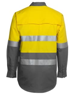 High-visibility long sleeve work shirt in yellow and grey, featuring reflective stripes and a logo.