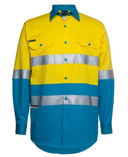 A long-sleeve work shirt in bright yellow and blue with reflective stripes and a logo.