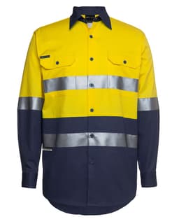A long-sleeved work shirt in high-visibility yellow and navy, featuring reflective stripes and pocket details.