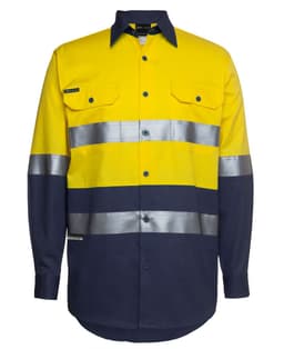 A yellow and navy work shirt with reflective stripes and two chest pockets. Features a logo on the left side.