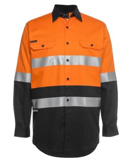 An orange and black long-sleeve work shirt with reflective strips and a logo. Features two chest pockets and buttons.