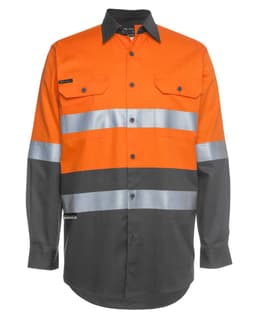 Long-sleeve work shirt in orange and charcoal with reflective stripes and a logo. Features two chest pockets.