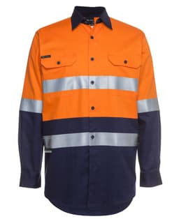 Long-sleeve work shirt in orange and navy, featuring reflective stripes and pocket details. Includes a logo.