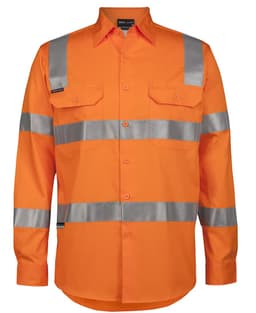 An orange long-sleeve work shirt with silver reflective strips and two front pockets, featuring a logo.