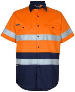 An orange and navy short-sleeve work shirt with reflective stripes and a logo.