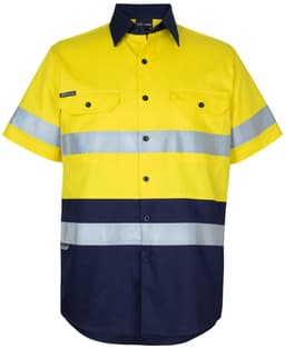 A short-sleeved work shirt in high-visibility yellow and navy, featuring reflective strips and a logo.