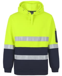 A high-visibility hoodie in bright yellow and navy, featuring reflective stripes and a logo. Suitable for workwear.