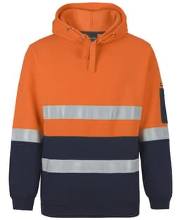 An orange and navy hoodie with reflective stripes and a logo on the sleeve. Suitable for workwear.
