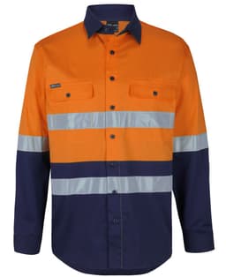 An orange and navy long-sleeve work shirt featuring reflective tape and two front pockets. It has a logo on the chest.