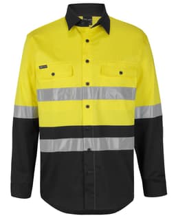 A long-sleeve work shirt in bright yellow and black, featuring reflective stripes and two chest pockets. It has a logo.