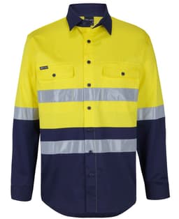 A long-sleeved shirt in high visibility yellow and navy, featuring reflective tape and a logo.