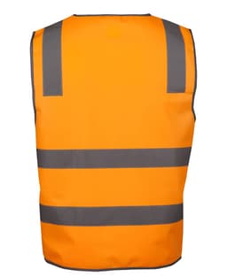An orange safety vest featuring grey reflective stripes and a branding logo. Back view displayed.