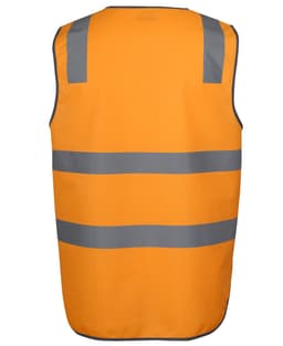 An orange safety vest featuring reflective grey stripes and a branding logo.