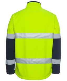 A high-visibility three-layer softshell jacket in bright yellow with navy sleeves and reflective strips.