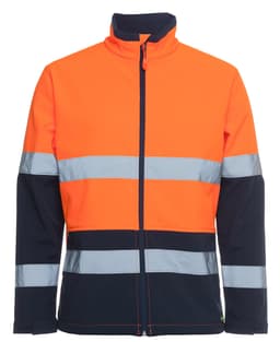 A three-layer softshell jacket in high-visibility orange and navy, featuring reflective stripes and a zip front.