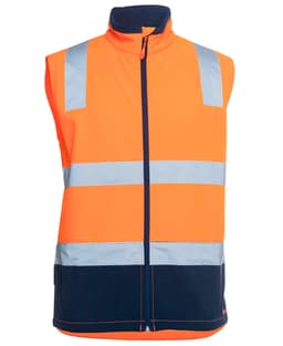 An orange and navy three-layer softshell vest with reflective strips and a high collar. It features a logo.