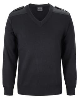 A black knitted jumper featuring a V-neck and epaulettes on the shoulders. It includes a logo on the label.