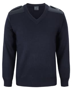 A navy knitted jumper with a V-neck and epaulettes on the shoulders. It features long sleeves and a textured knit.