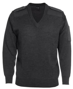 A dark grey knitted jumper with a V-neck, featuring shoulder epaulettes and a sleeve pocket. It has a logo.