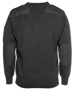 A dark grey knitted jumper featuring leather accents on the shoulders and elbow patches, with a back view.