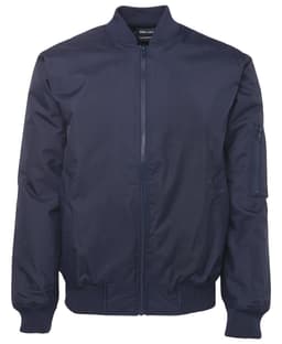 A navy blue bomber jacket featuring a zip front and a pocket on the sleeve. It has a ribbed hem and cuffs.