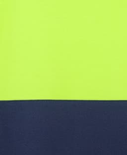 A high-visibility cotton T-shirt featuring a bright yellow top section and a navy blue bottom section, with a logo.